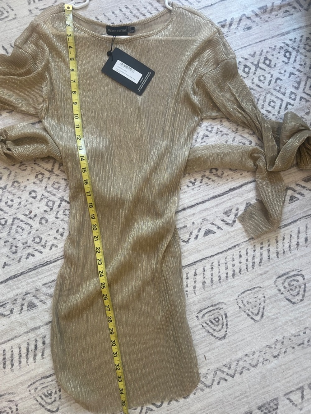 PrettyLittleThing Metallic Beige Twist-Front Long Sleeve Dress - Picture 6 of 8